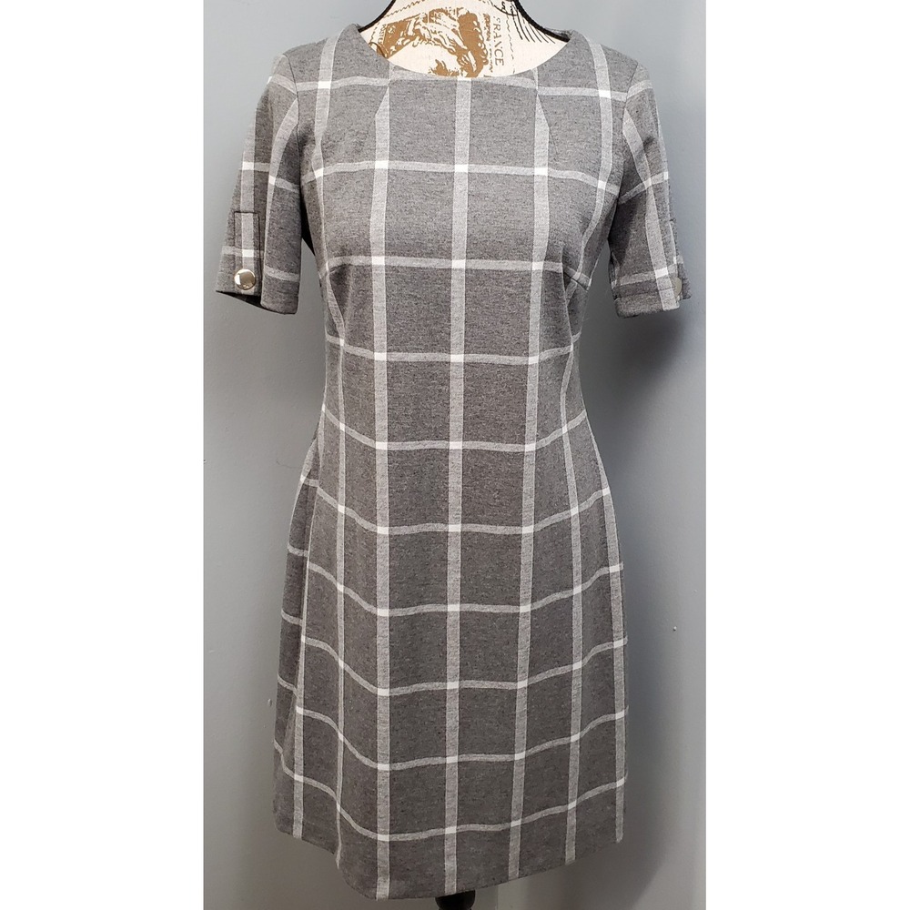 Tommy Hilfiger Sheath Dress Womens 6 Gray White Windowpane Plaid Office Career